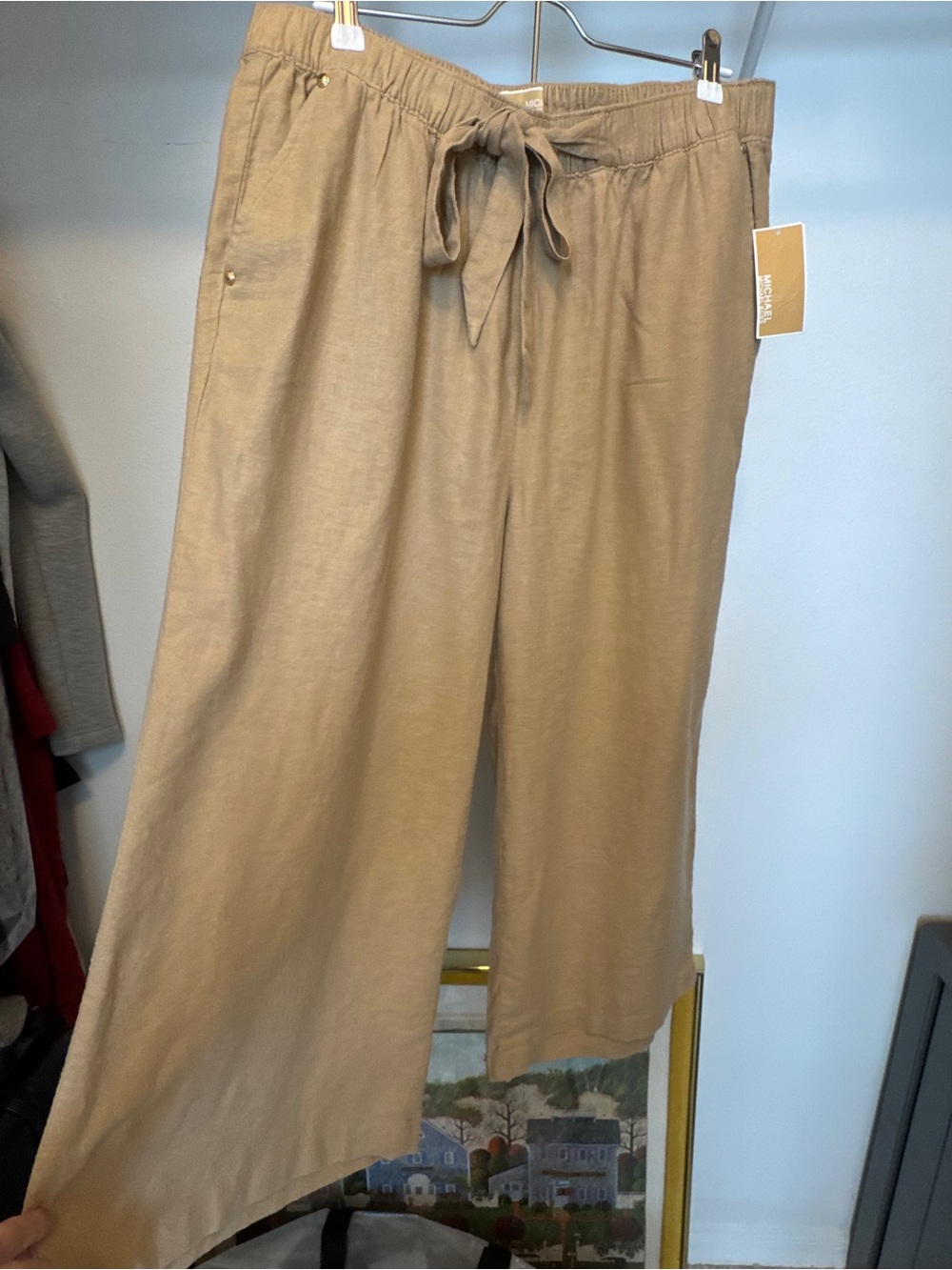 🌸Wide-Leg MK Khaki Cropped Linen Pants Size L  resort European summer vacation